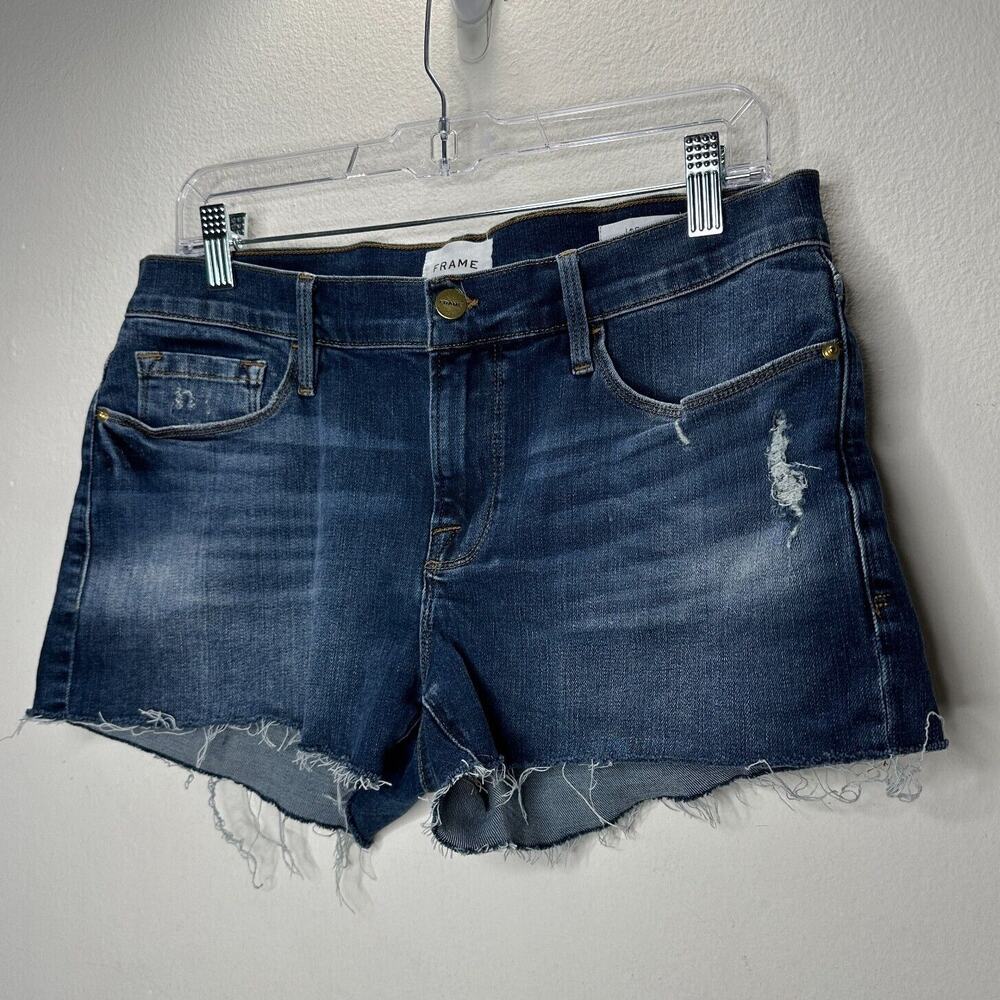 Frame Le Cut Off Azure Jean Shorts Raw Edge Frayed Hem Fading & Whiskering 28